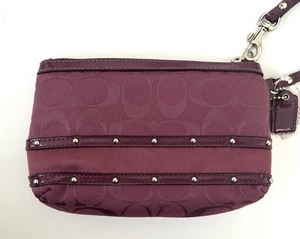NWT Coach Studded Sateen Stripe Medium Wristlet, Plum Purple, Silver Hardware - Picture 1 of 14