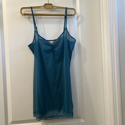 VTG Victoria's Secret Sheer Slip Dress Teal Blue Made USA Mesh Sexy S - Image 1 of 4