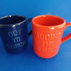 2 Kate Spade Lenox New York Mugs Red & Navy Blue Embossed Lettering 10oz Sturdy - Picture 1 of 6
