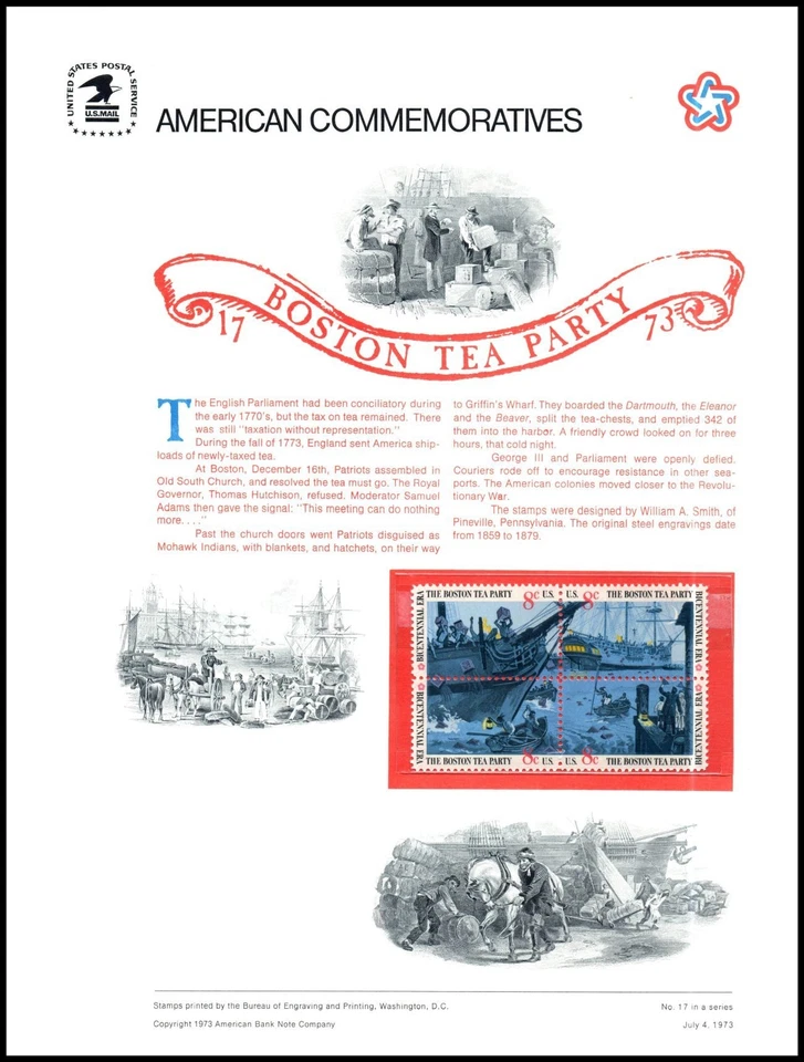 1973 Boston Tea Party Bicentennial CP17 commemorative panel 17 MNH Sc 1483a - Image 1 of 1