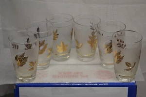 6 MID CENTURY MODERN LIBBEY FROSTED WITH GOLD LEAFS 4 3/4" TALL - Picture 1 of 1