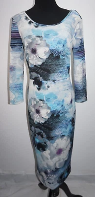 Spense Sheath Pencil Blue Abstract Floral Dress Sz S 3/4 Sleeve Fitted - Image 1 of 4