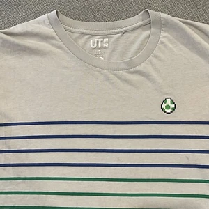 UT Uniqlo x Nintendo Super Mario Bros Yoshi Egg Graphic Striped Shirt Grey Med - Picture 1 of 7