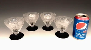 SET 4 Art Deco CAMBRIDGE Glass "APPLE BLOSSOM" Etch Black Ebony Foot Sherbets - Picture 1 of 24