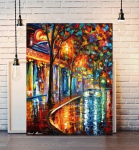 Leonid Afremov Night Old Cafe Colourful Painting Canvas Wall Art Framed Print - Picture 1 of 7