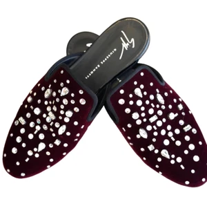 Giuseppe Zanotti Dazzling Elsa Mules Flat Shoes Burgundy/Crystals Size 38.5 IT - Picture 1 of 10