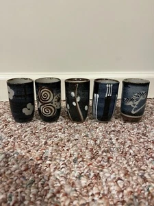 Sake Tea Juice Water Glazed Pottery Cups - Set of 5 - Picture 1 of 5