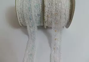 Grazioso pizzo ricamato vintage bianco con perline/paillettes - 2 colori a scelta - 1 metro - Foto 1 di 5