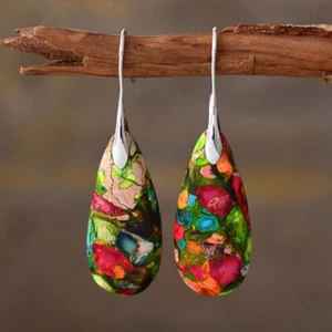 Natural Imperial Jasper Stone Teardrop Dangle Earrings Gemstone Hook Earrings - Picture 1 of 4