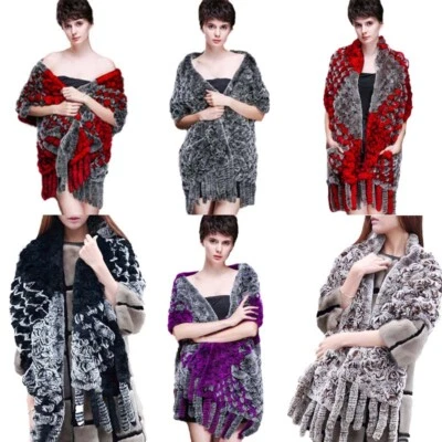 真品雷克斯兔毛披肩裹冬季温暖角带口袋空心编织 — 第 1/4 张图片