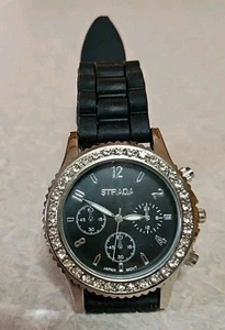 Strada Women's Watch White Austrian Crystal Water Resist. BLACK Face & Strap NEW - Picture 1 of 3