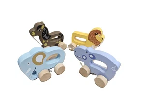 Holz Nachzieh Tier Spielzeug Nilpferd Elefant Löwe Pferd Kleinkind Baby 12m + Geschenk - Bild 1 von 5