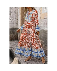 Azura Exchange Elegant Floral Print Long Sleeve Tiered Maxi Dress Women Orange - Foto 1 di 14