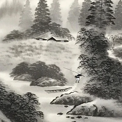 Pergamino colgante japonés en caja de colección paisaje río montañas Sansui SC978 Foto 1 de 4