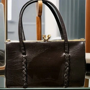 Vintage 50s Large Formal Patent Brown Leather Purse Handbag Made In UK - Picture 1 of 7