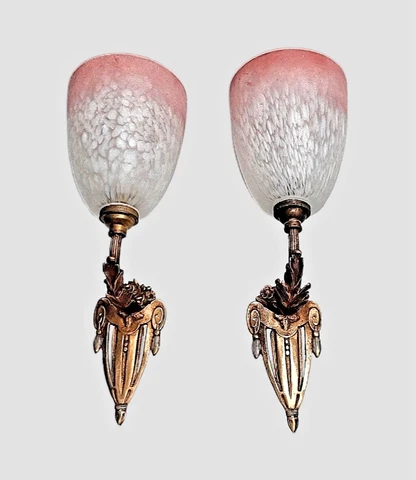 Pair of Art Deco wall sconces, beautiful lights, mottled rose shades, antique Cover