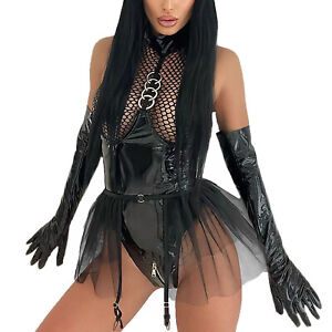 Womens Hollow Out Mesh Bodysuit Halter Zipper Crotch Backless Leather Catsuit