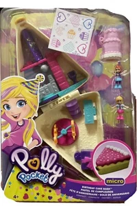 Mattel Polly Pocket Micro Toy Set Birthday Cake Bash Compact 2 Dolls Accessories - Picture 1 of 6