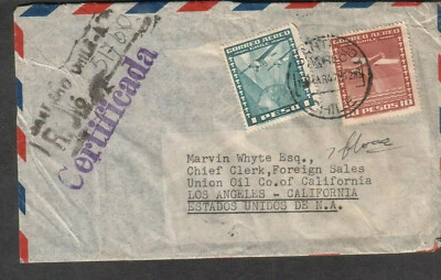 Chile 1947 cubierta registrada Duncan Fox Co Santiago a Union Oil CA LA vía Miami Foto 1 de 2