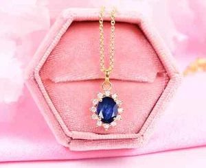 2Ct Oval Lab Created Sapphire Halo Pendant 18 Free Chain 14K Yellow Gold Plated - Picture 1 of 4