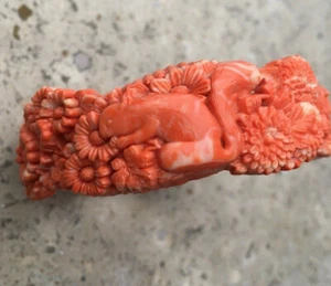 Vintage Coral & Cream Color Celluloid Carved Squirrel & Flowers Bangle Bracelet - Picture 1 of 10