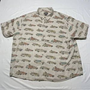 Woolrich Button Up T-Shirt Men’s 2XL Beige Wagon Cars Watercolor Art Hipster Y2K - Picture 1 of 6