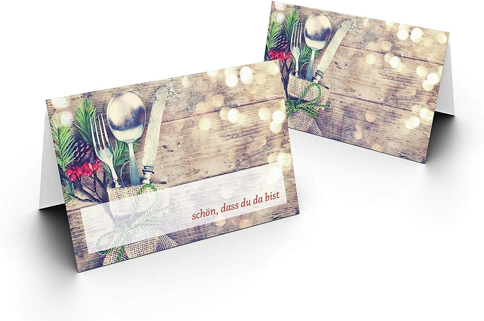 BRIEFUMSCHLÄGE24PLUS Tischkarten 25 St. Besteck mit Tannen-Holzhintergrund 8,5 x 11,2 cm