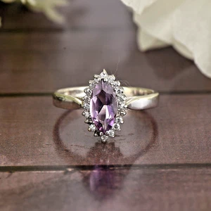 10x5mm Marquise Purple Amethyst Diamond Gemstone Promise Ring in Sterling Silver - Picture 1 of 4