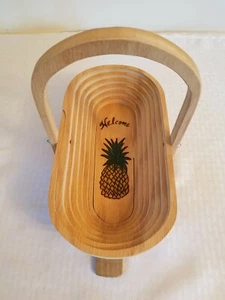 Hawaiian pineapple tiki Wood Signed Collapsible Wooden Bread fruit Basket Trivet - Picture 1 of 11