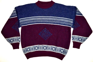 Vintage Pullover Bonjour Gr. L 70er 80er blau weinrot nordisch gefleckt hoher Rundhalsausschnitt - Bild 1 von 9