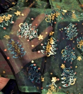 Christmas Fancy Fabric Gold, Green Red Glittery Christmas Trees On Green Organza - Picture 1 of 5