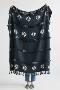 Anthropologie Sierra Fringed Throw Blanket Boho Southwestern Blue White New - Picture 1 of 2