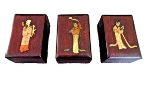 ***Antique Rosewood INLAY RELIEF SCULPTURE FIGURAL BOX Set of 3!! - Picture 1 of 6