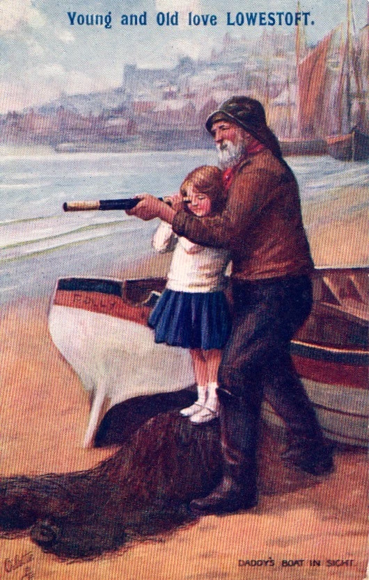 printed  nostalgic  lowestoft postcard, circa 1910 fisherman, telescope - Image 1 of 1