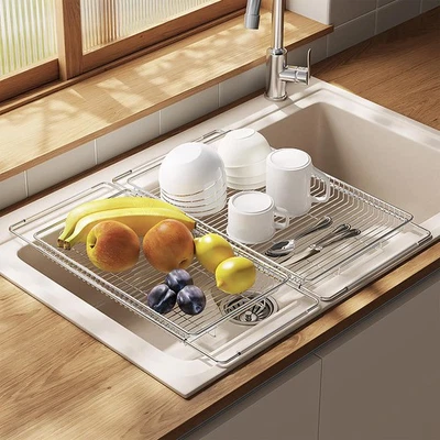 Estante de secado de platos, organizador extensible de acero inoxidable para mostrador de cocina, D... Foto 1 de 4