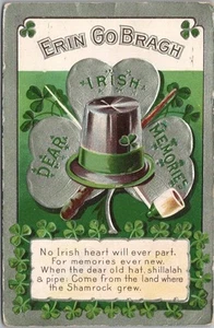 1909 DÍA DE SAN PATRICIO Postal en relieve "ERIN GO BRAGH" Sombrero de copa / Shillelagh - Imagen 1 de 2