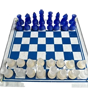 Vintage Glass Chess set -Blue & White Board and Pieces. VG Condition. Boxed. - Picture 1 of 11