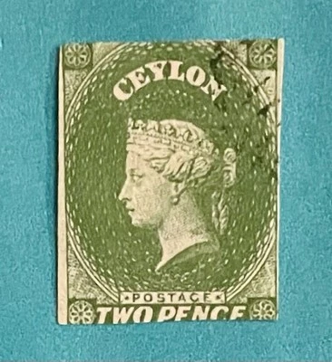 Antique c1857 Sought After Ceylon 2p Imperf Scott# 4 Single Star WM Stamp Used - Image 1 of 2
