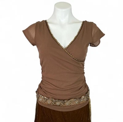 Top de malla acanalada marrón vintage Y2K Weston Wear con ribete de cuentas mediano para mujer Foto 1 de 4