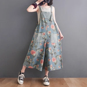Ladies Floral Denim Overalls Loose Wide-leg Jumpsuit Rompers Crop Jeans Summer - Picture 1 of 13