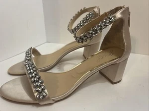 Jewel Badgley Mischka Womens Sandals Size 9 Odessa Crystal Block Heel Beige - Picture 1 of 14