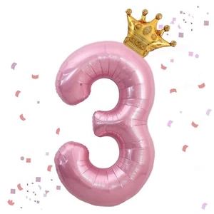 40 Inch Pink Number 3 & Mini Crown Balloon for Birthday Party Decorations 3rd... - Picture 1 of 6
