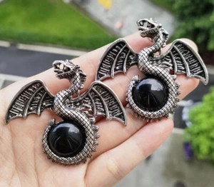 2pcs Obsidian Gems stone wyvern wivern Pendants Magic Reiki Healing Amulet - Picture 1 of 1