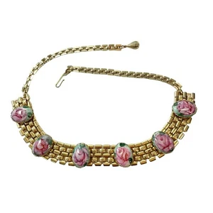 Collana girocollo pantera vintage con cabochon floreali ovali dipinti a mano - unica ~ 17" - Foto 1 di 7