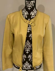 VTG 90’s Cache Women’s Yellow Genuine Leather Zipped Up Short Moto Jacket 8 - Picture 1 of 12