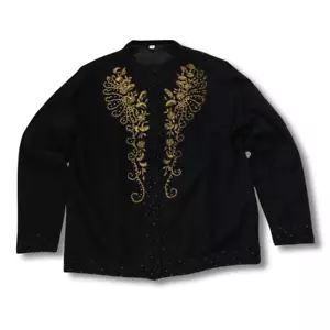 Vintage 50s Beaded Cardigan Sweater Size L Black Gold 1950s Pin Up Rockabilly - Picture 1 of 9