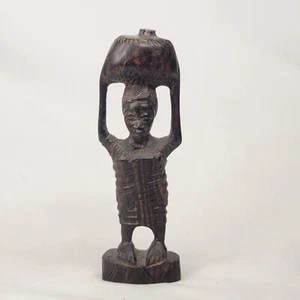 Small Carved Stained Dark Wood African Style Figure Woman Carrying Basket 6.25"H - Picture 1 of 8