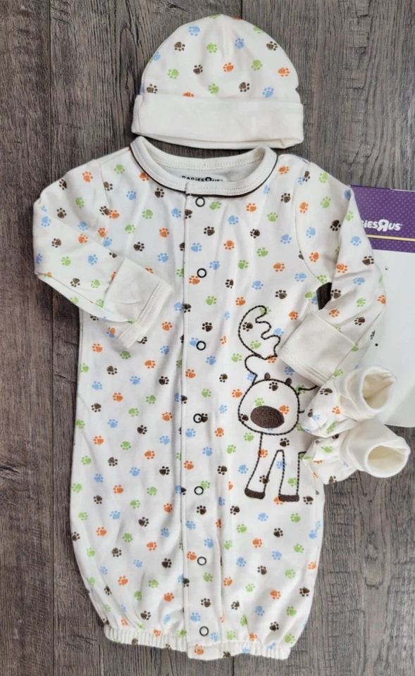 Baby Boy New Babies R Us Preemie 3pc Moose Gown Outfit w/Hat & Booties - Image 1 of 4