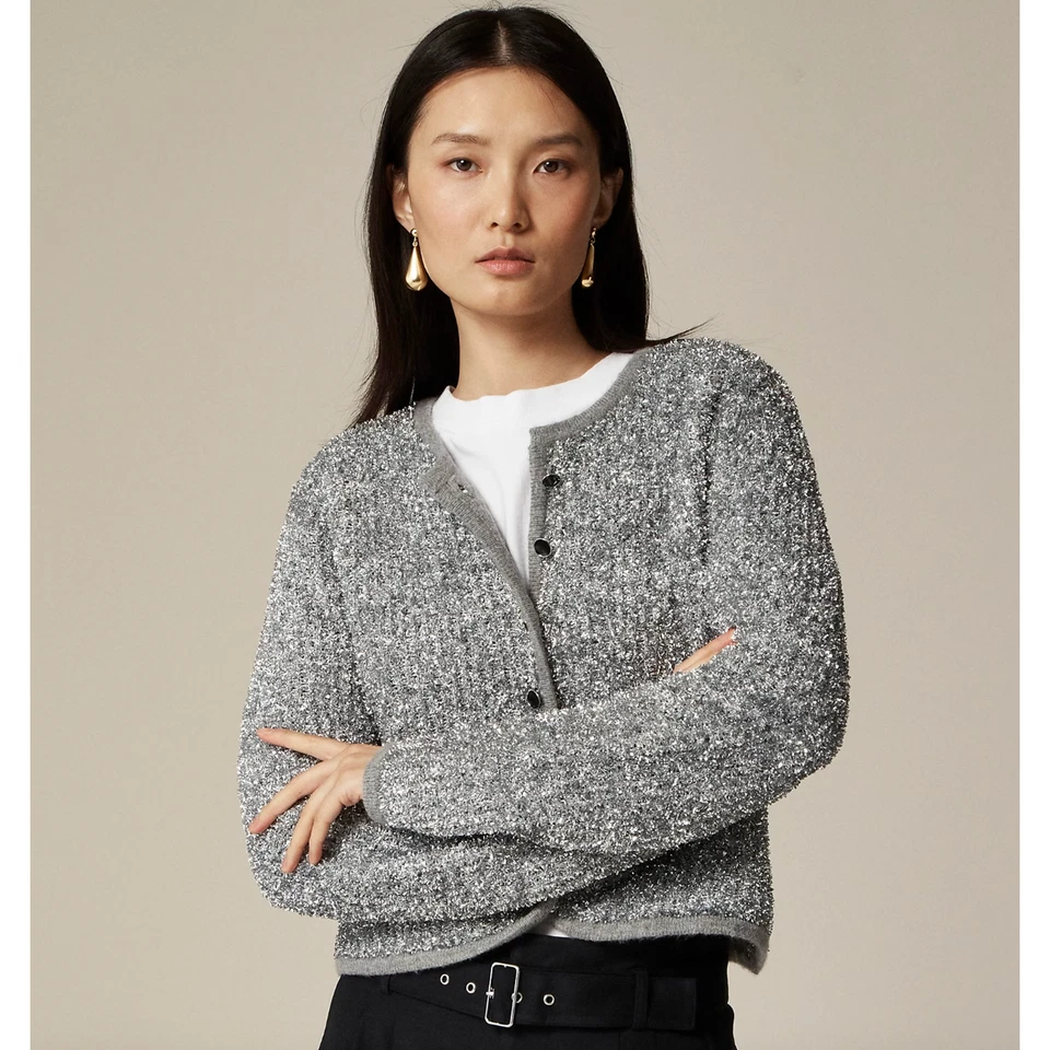J.Crew Suéter Jaqueta Feminina Prata Enfeites Fio Metálico Festa Cinza Médio Novo com etiquetas - Imagem 1 de 4