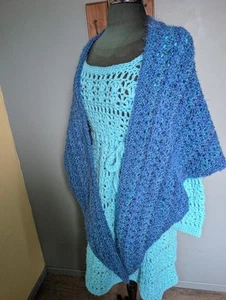 Vintage Blue Crochet Knit Shawl Wrap - Picture 1 of 12